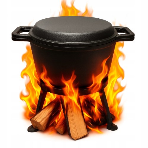 ŻELIWNY KOCIOŁEK MYŚLIWSKI GARNEK PATELNIA 7L 3w1 GRILL OGNISKO