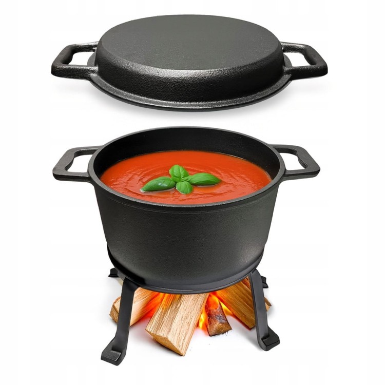 ŻELIWNY KOCIOŁEK MYŚLIWSKI Z PATELNIĄ GARNEK 10L 3w1 GRILL OGNISKO