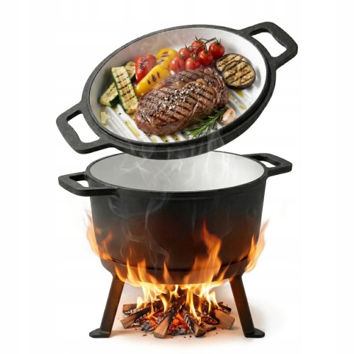 KOCIOŁEK ŻELIWNY MYŚLIWSKI Z PATELNIĄ GARNEK 10L 3w1 OGNISKO GRILL EMALIA
