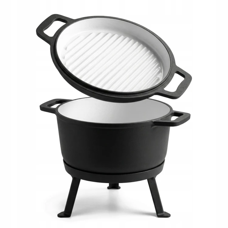 KOCIOŁEK ŻELIWNY MYŚLIWSKI Z PATELNIĄ GARNEK 10L 3w1 OGNISKO GRILL EMALIA