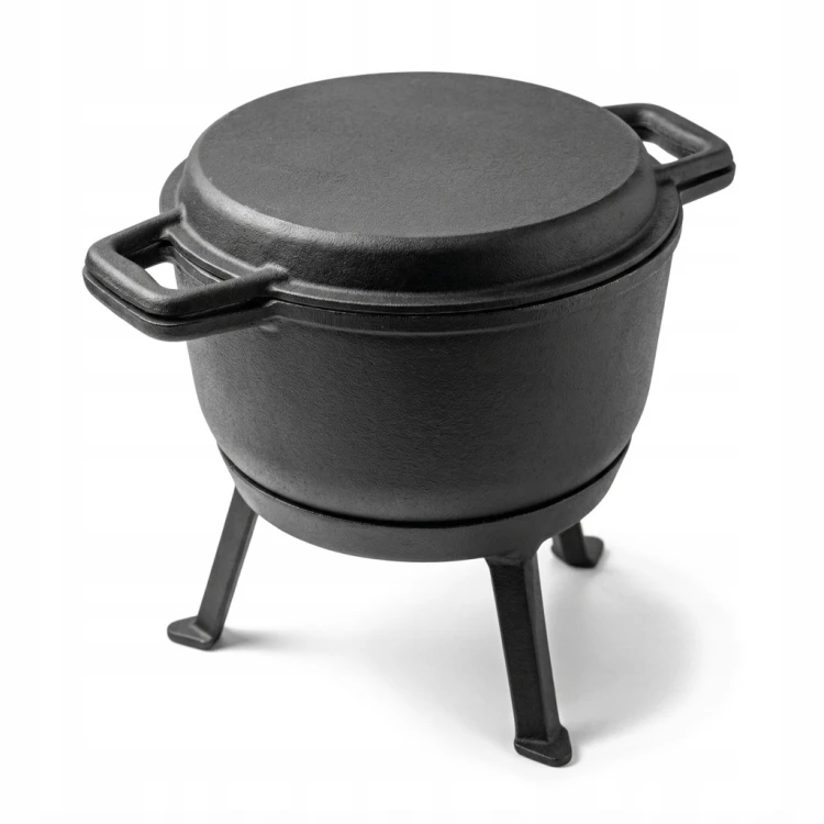 KOCIOŁEK ŻELIWNY MYŚLIWSKI Z PATELNIĄ GARNEK 10L 3w1 OGNISKO GRILL EMALIA